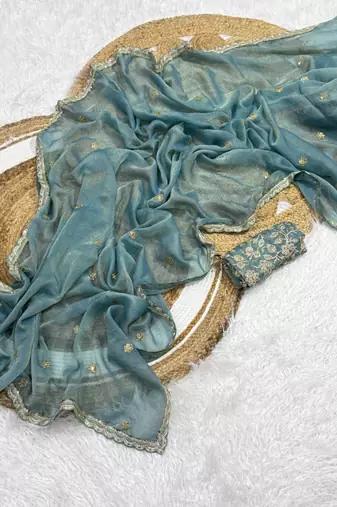 Sky Blue Color Embroidery Work Moss Silk Saree