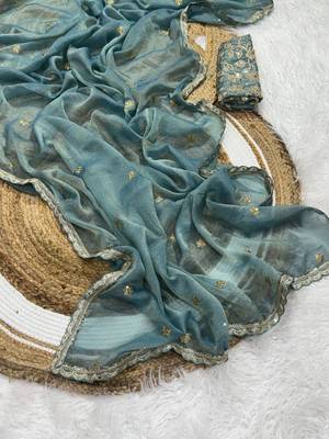 Sky Blue Color Embroidery Work Moss Silk Saree 3