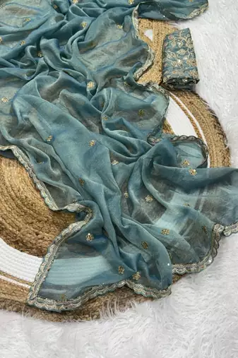 Sky Blue Color Embroidery Work Moss Silk Saree