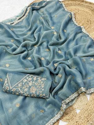 Sky Blue Color Embroidery Work Moss Silk Saree 4