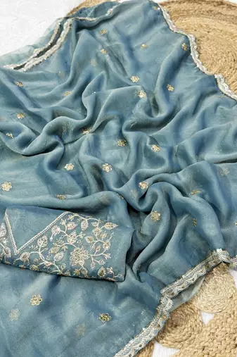Sky Blue Color Embroidery Work Moss Silk Saree