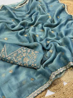 Sky Blue Color Embroidery Work Moss Silk Saree 5