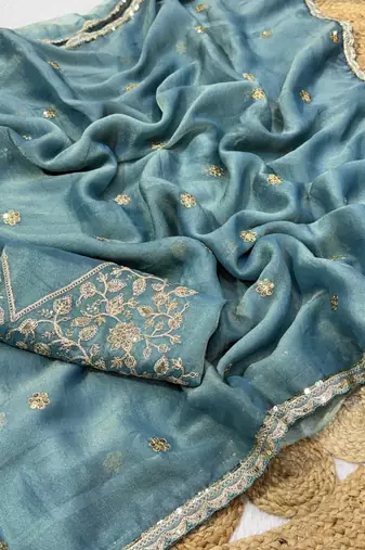 Sky Blue Color Embroidery Work Moss Silk Saree
