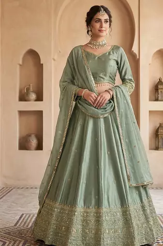Green Japan satin Sequins Embroidered Lehenga Choli with Dupatta