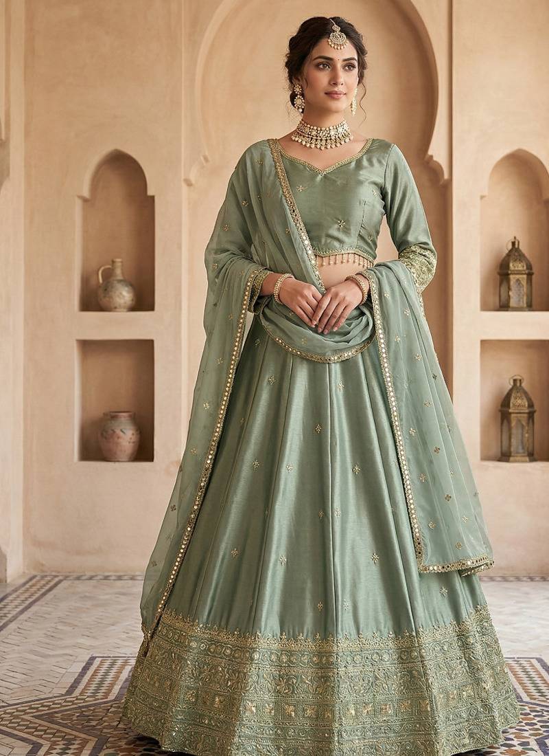 Green Japan satin Sequins Embroidered Lehenga Choli with Dupatta
