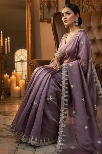 Lavender color Embroidery Jari and Sequance work Space Silk Saree