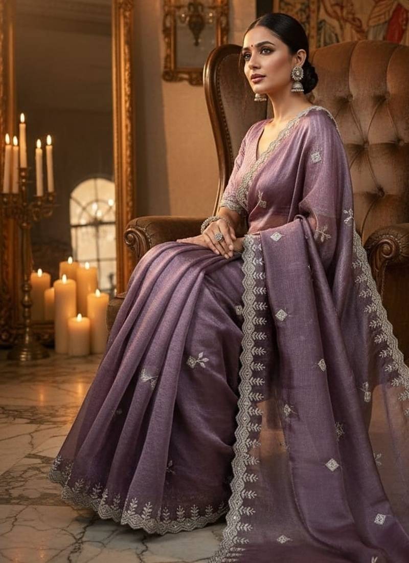 Lavender color Embroidery Jari and Sequance work Space Silk Saree
