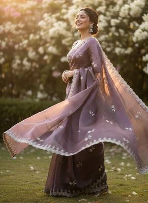 Lavender color Embroidery Jari and Sequance work Space Silk Saree 2