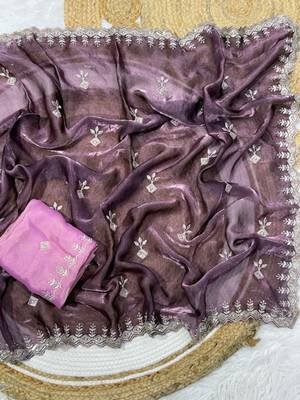 Lavender color Embroidery Jari and Sequance work Space Silk Saree 3