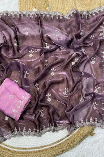 Lavender color Embroidery Jari and Sequance work Space Silk Saree