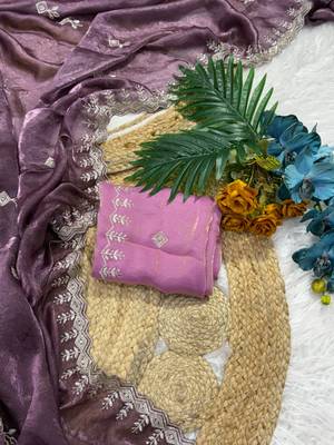 Lavender color Embroidery Jari and Sequance work Space Silk Saree 4