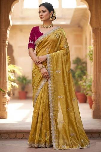 Mustard color Embroidery Jari and Sequance work Space Silk Saree
