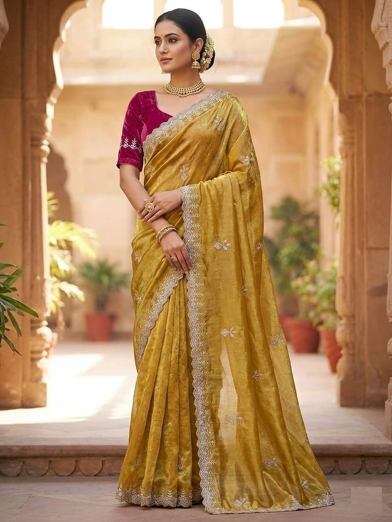 Mustard color Embroidery Jari and Sequance work Space Silk Saree