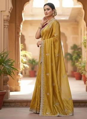 Mustard color Embroidery Jari and Sequance work Space Silk Saree 2