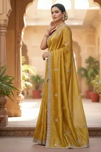 Mustard color Embroidery Jari and Sequance work Space Silk Saree