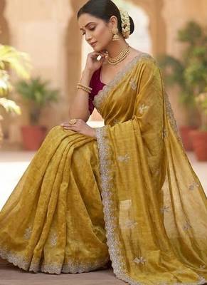 Mustard color Embroidery Jari and Sequance work Space Silk Saree 3