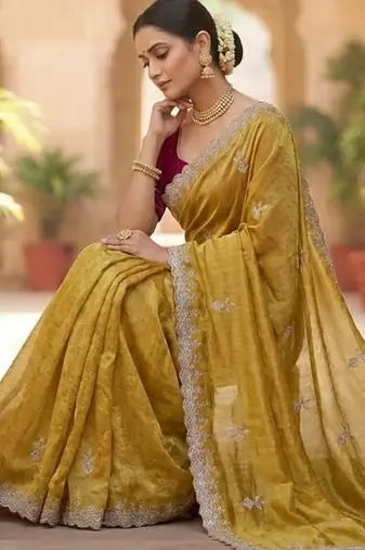 Mustard color Embroidery Jari and Sequance work Space Silk Saree
