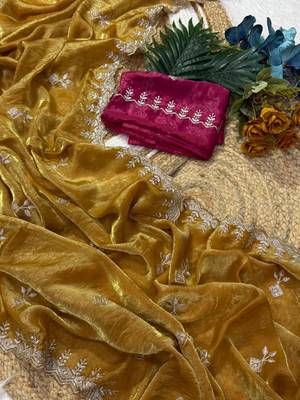Mustard color Embroidery Jari and Sequance work Space Silk Saree 4
