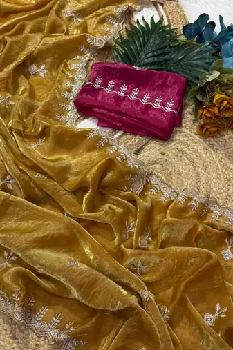 Mustard color Embroidery Jari and Sequance work Space Silk Saree