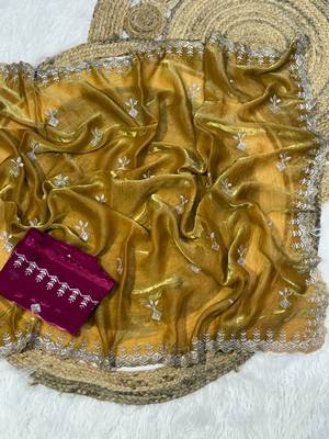 Mustard color Embroidery Jari and Sequance work Space Silk Saree 5