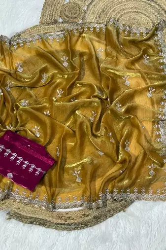 Mustard color Embroidery Jari and Sequance work Space Silk Saree