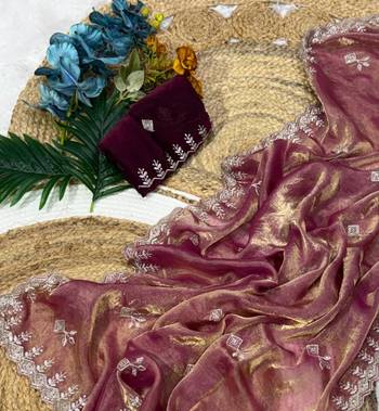 Wine color Embroidery Jari and Sequance work Space Silk Saree 1