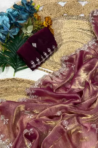 Wine color Embroidery Jari and Sequance work Space Silk Saree