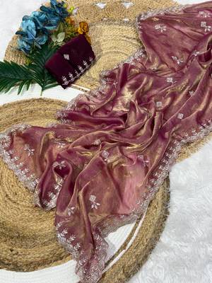 Wine color Embroidery Jari and Sequance work Space Silk Saree 2