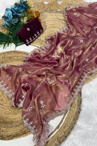Wine color Embroidery Jari and Sequance work Space Silk Saree