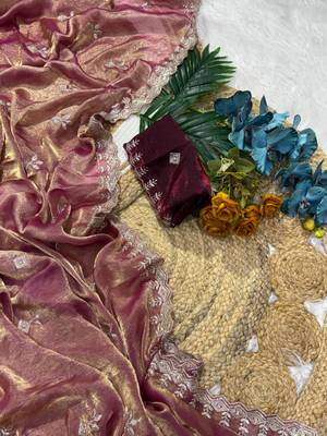 Wine color Embroidery Jari and Sequance work Space Silk Saree 3