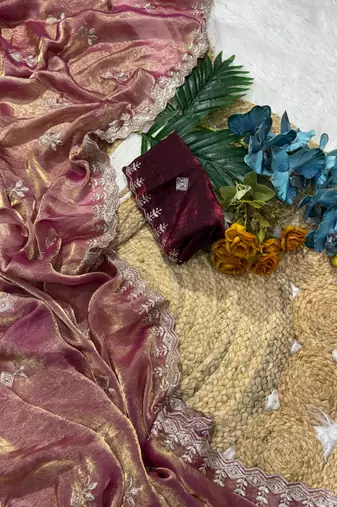 Wine color Embroidery Jari and Sequance work Space Silk Saree