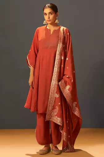 Rust red chanderi silk suit set with banarasi dupatta