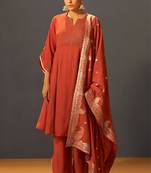 Rust red chanderi silk suit set with banarasi dupatta