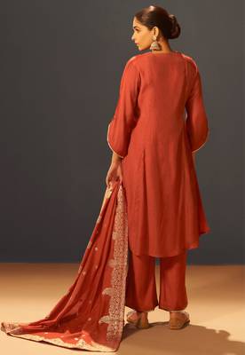 Rust red chanderi silk suit set with banarasi dupatta 2