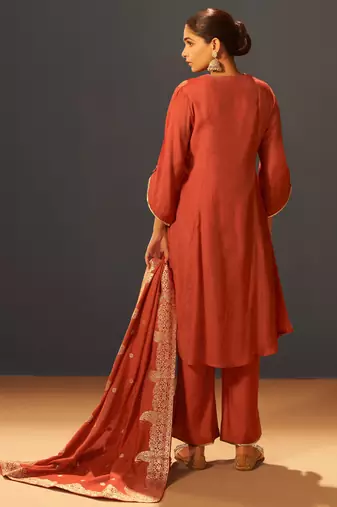 Rust red chanderi silk suit set with banarasi dupatta