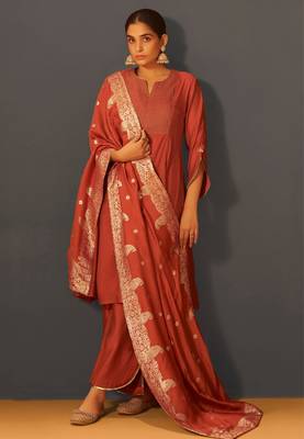 Rust red chanderi silk suit set with banarasi dupatta 3