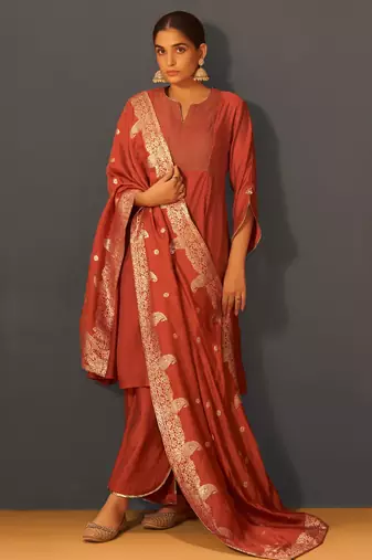 Rust red chanderi silk suit set with banarasi dupatta
