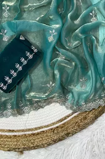 Blue color Embroidery Jari and Sequance work Space Silk Saree