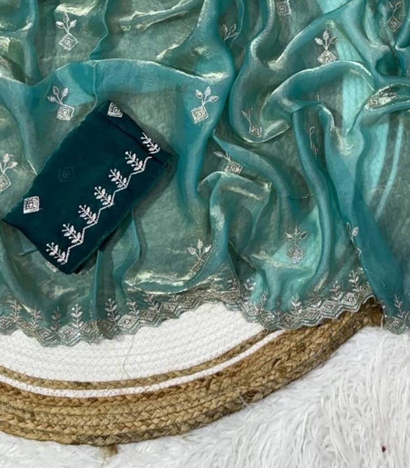 Blue color Embroidery Jari and Sequance work Space Silk Saree