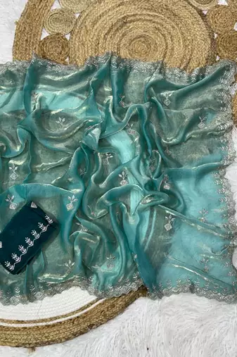 Blue color Embroidery Jari and Sequance work Space Silk Saree