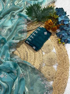 Blue color Embroidery Jari and Sequance work Space Silk Saree 3