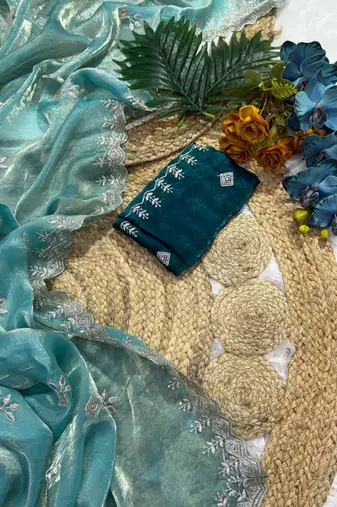 Blue color Embroidery Jari and Sequance work Space Silk Saree