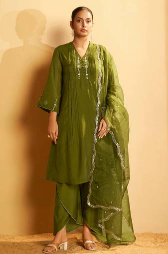 Olive green embroidered suit set with dupatta