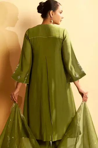 Olive green embroidered suit set with dupatta