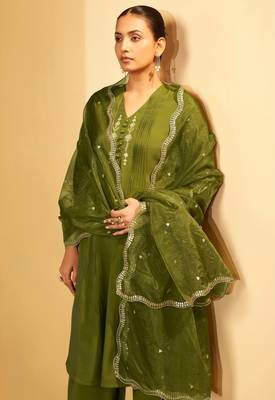 Olive green embroidered suit set with dupatta 3