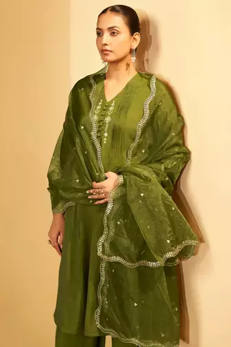 Olive green embroidered suit set with dupatta