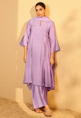 Pastel lilac embroidered chanderi suit set with dupatta 1