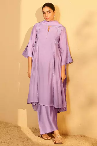 Pastel lilac embroidered chanderi suit set with dupatta