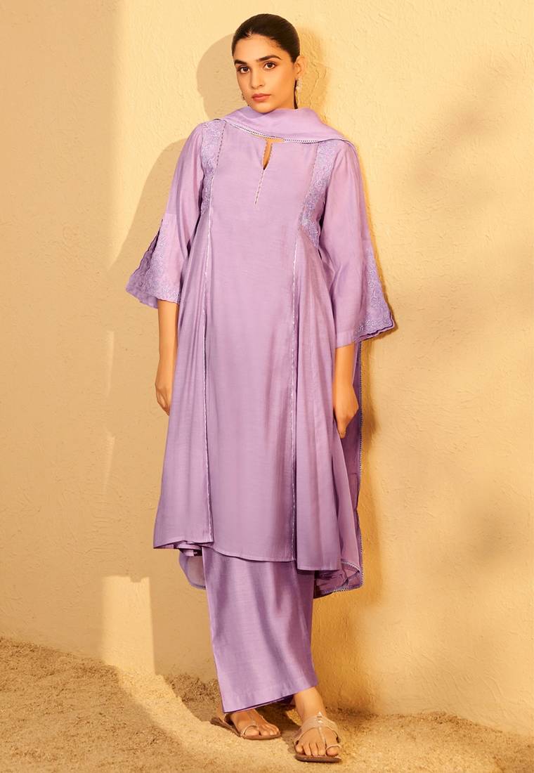Pastel lilac embroidered chanderi suit set with dupatta