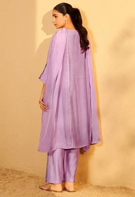 Pastel lilac embroidered chanderi suit set with dupatta 2